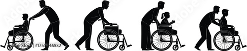 Wheelchair assistance silhouette illustration, caregiving support, mobility aid, companionship, healthcare, disability care, compassion concept design