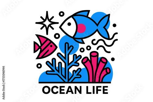Vibrant Ocean Life. Ocean Life. A glowing underwater scene with fish and coral, abstract spark and wave icons symbolizing biodiversity. Modern flat-line