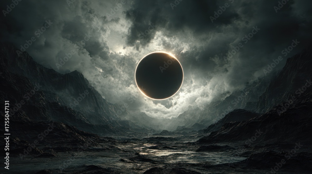 Obraz premium Solar eclipse phenomenon over rocky landscape dramatic sky background