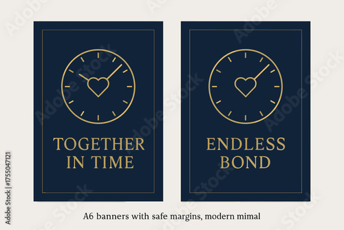 Navy and Gold Banners. Valentine. Two vertical A6 banners with safe margins, centered composition, no elements touching edges, modern minimal, navy and gold,