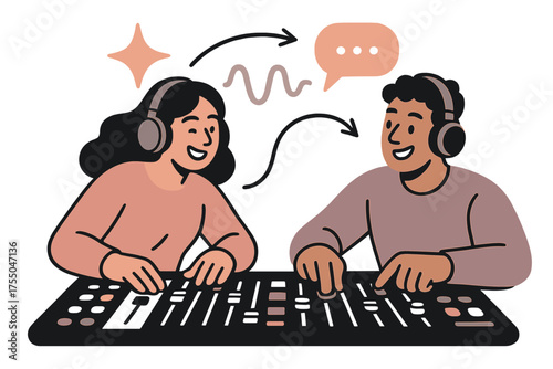 Sound Engineers' Harmony. Collaborative mix. Glowing team of two sound engineers working side by side at console. Floating icons of sparkle, chat bubble, and