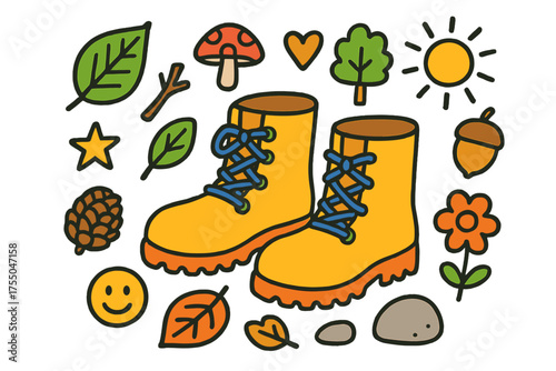 Colorful Doodle Elements. Boots on Ground. Colorful Hand-drawn doodle Children illustration boots, laces, leaf, mushroom, twig, pinecone, star, heart, smiley