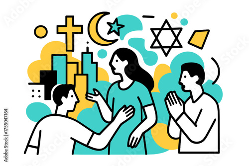 Symbolic Cityscape. Modern Religious Impact. Abstract cityscape with floating religious symbols and geometric shapes showing influence on society and culture.