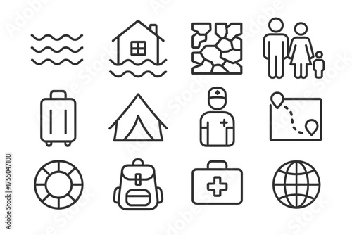 Climate Displacement Icons. Displaced by climate. Line icon set of Displaced by climate: rising water, flooded house, dry cracked land, displaced family,