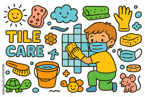 Colorful Tile Cleaning. Tile Care. Colorful Hand-drawn doodle Children illustration tiles, grout, child cleaning, sponge, bucket, brush, water, gloves, mask,