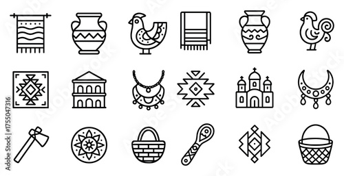 Cultural and folk art outline icons set – decorative, heritage, ethnic symbols