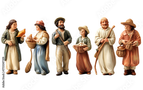 Collection of French Christmas nativity santons with baker shepherd and townsfolk figures isolated on transparent background PNG