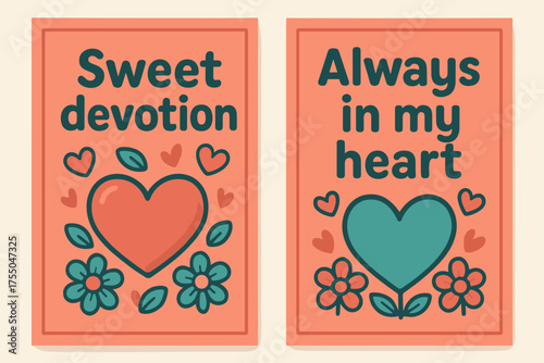 Sweet Devotion Banners. Sweet devotion. Two vertical A6 banners with safe margins, centered composition, no elements touching edges, cartoon, coral and teal,