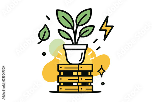 Eco-Friendly Plant Holder. Decorative Plant Stand. A glowing plant holder made from recycled crates, abstract spark and leaf icons symbolizing green living.