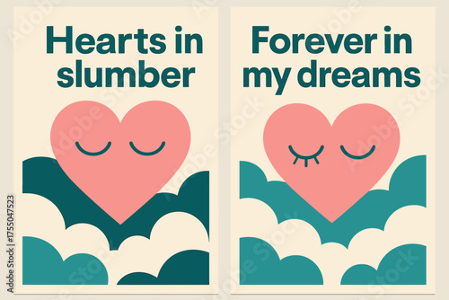 Hearts in Slumber. Hearts in slumber. Two vertical A6 banners with safe margins, centered composition, no elements touching edges, bauhaus, pink and teal,