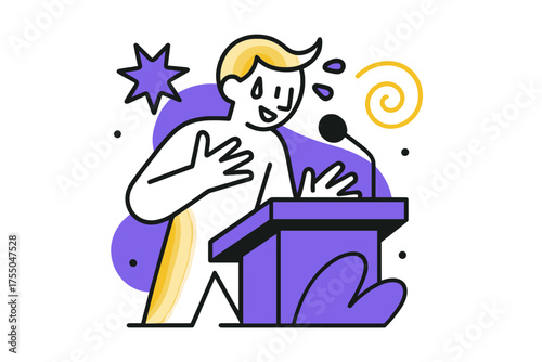Nervous Speaker Illustration. Public Speaking. A glowing person at a podium with sweat on forehead, abstract spark and swirl icons symbolizing nervousness.
