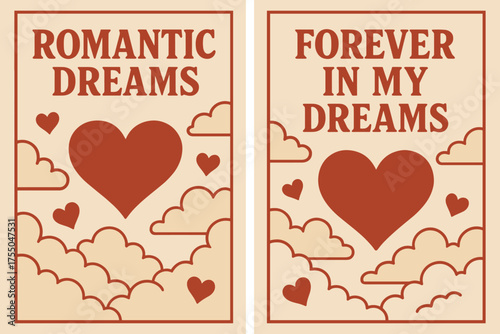 Romantic Dreams Banners. Romantic dreams. Two vertical A6 banners with safe margins, centered composition, no elements touching edges, retro, red and beige,
