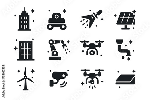 Self-Cleaning Building Icons. Self-Cleaning Buildings. Solid icons set of Self-Cleaning Buildings: skyscraper, cleaning robot, water spray, solar panel, glass