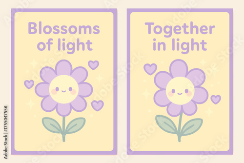 Kawaii Light Banners. Blossoms of light. Two vertical A6 banners with safe margins, centered composition, no elements touching edges, kawaii, pastel yellow and