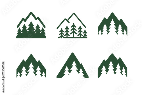 Forest Adventure Logos. Forest Adventures. Set Logo of Forest Adventures: mountain peaks with forest. harmonious logo variations of the same emblematic