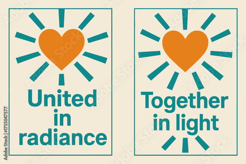 Abstract Radiant Banners. United in radiance. Two vertical A6 banners with safe margins, centered composition, no elements touching edges, geometric, turquoise