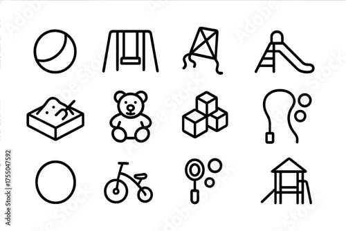 Outdoor Fun Icons. Outdoor fun. Line icon set of Outdoor fun: ball, swing, kite, slide, sandbox, teddy bear, toy blocks, jump rope, hula hoop, tricycle, bubble