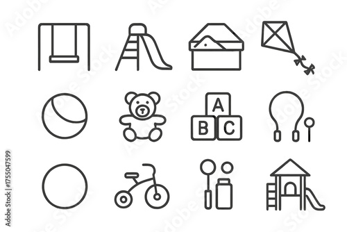 Playground Icon Set. Playground activities. Line icon set of Playground activities: swing, slide, sandbox, kite, ball, teddy bear, toy blocks, jump rope, hula
