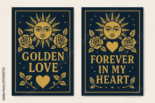 Golden Love Banners. Golden love. Two vertical A6 banners with safe margins, centered composition, no elements touching edges, bold, navy and gold, sun motifs