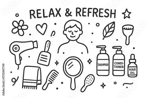 Relax and Refresh Essentials. Relax and refresh. Hand-drawn doodle illustration relax and refresh towel, flower, leaf, comb, brush, shampoo bottle, conditioner