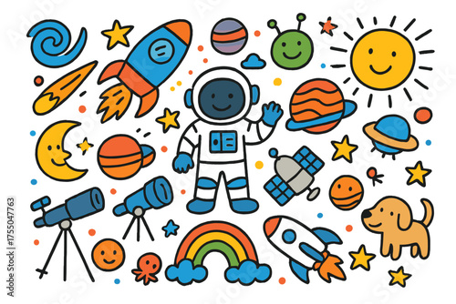 Cosmic Cartoon Adventure. Universe Exploration. Colorful Hand-drawn doodle Children illustration astronaut, rocket, planets, stars, moon, telescope, satellite,