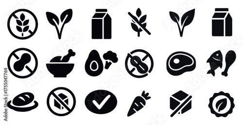 Allergy and food restriction solid icons set – filled, dietary restriction symbols