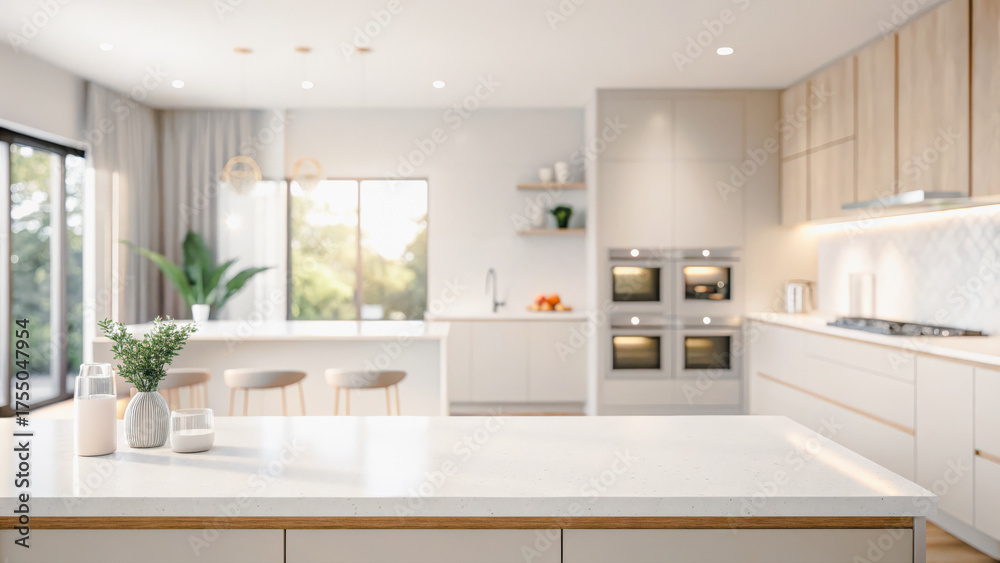 Fototapeta premium Modern kitchen interior with minimalist design and bright lighting