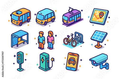 Public Transport Icons. Public Autonomy. Colorful isometric vector icons set of public autonomy: self-driving bus, electric shuttle, autonomous tram, GPS map,