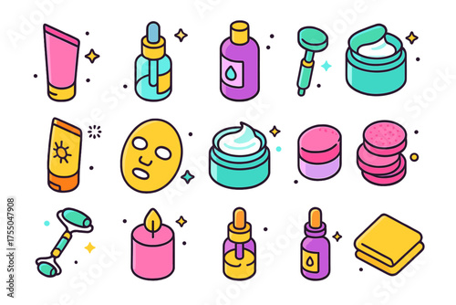 Face Care Essentials. Face Care. Colorful isometric vector icons set of face care: cleanser tube, serum bottle, toner bottle, moisturizer, sunscreen, facial