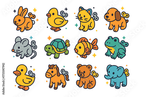 Vintage Wind-Up Icons. Vintage Wind-ups. Colorful isometric vector icons set of vintage wind-ups: wind-up rabbit, wind-up bird, wind-up cat, wind-up dog,