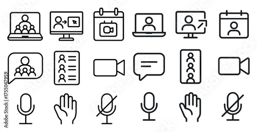 Video conferencing line icons set – communication, online meeting symbols