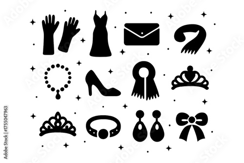 Evening Wear Icons. Evening Wear. Solid icons set of Evening Wear: long gloves, silk gloves, gown, clutch, necklace, high heels, scarf, shawl, tiara, bracelet,