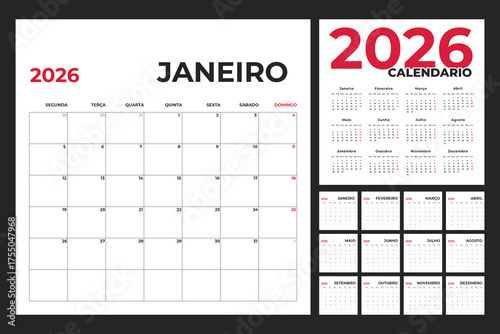 Portuguese Calendar Template for 2026 Year with Monday Start