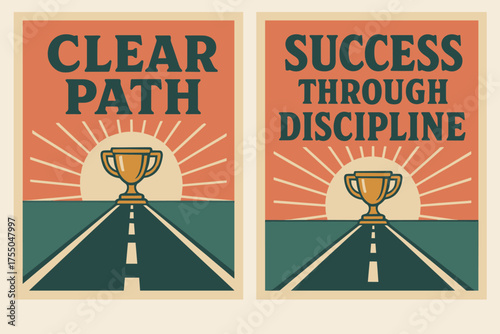 Road to Success. Mindset. Two vertical A6 banners with safe margins, centered composition, no elements touching edges, retro style, coral and teal, vintage