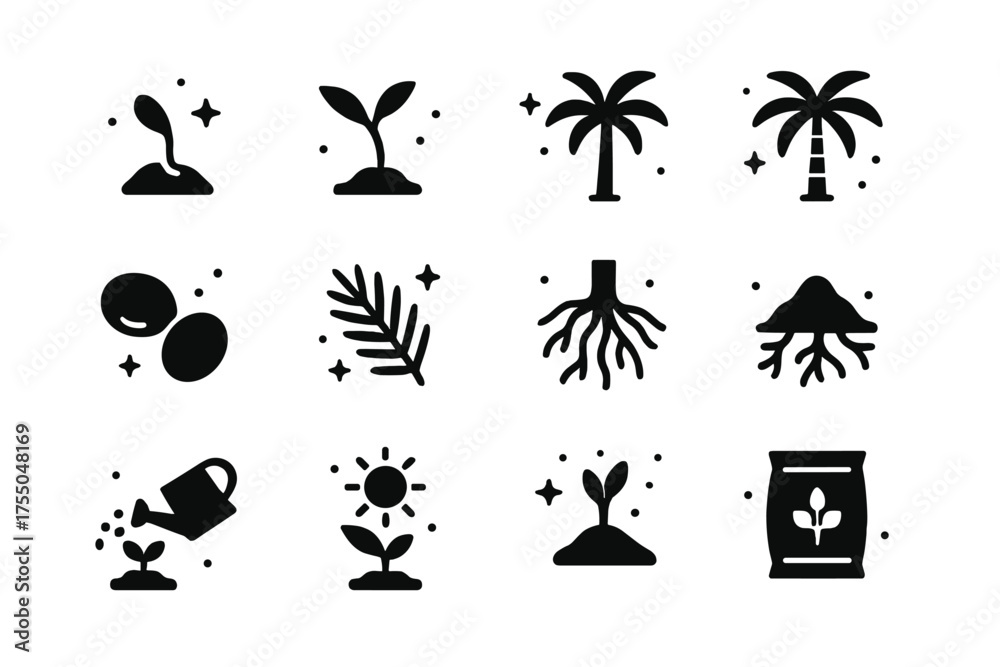 Fototapeta premium Palm Tree Lifecycle. Palm Tree Growth. Solid icons set of Palm Tree Growth: seed, sprout, young palm, growing trunk, mature palm, coconuts, fronds, roots,