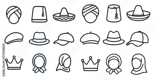 Headwear and fashion line icons set – hats, turbans, caps and crown symbols