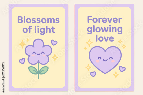 Kawaii Light Banners. Blossoms of light. Two vertical A6 banners with safe margins, centered composition, no elements touching edges, kawaii, pastel yellow and