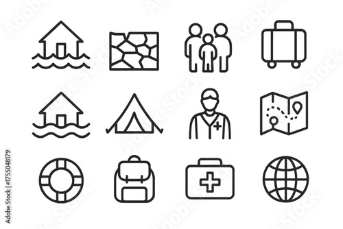 Climate Displacement Icons. Climate-induced displacement. Line icon set of Climate-induced displacement: rising water, dry cracked land, displaced family,