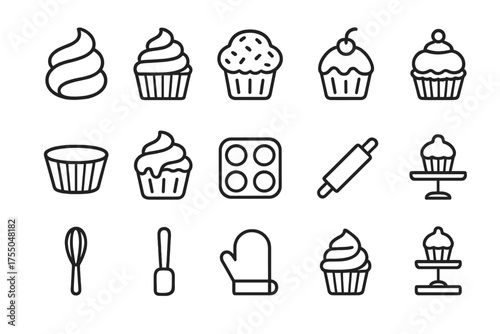 Frosted Cupcake Icons. Frosted cupcakes. Line icon set of Frosted cupcakes: frosting swirl, cupcake, sprinkles, cherry on top, muffin liner, chocolate drizzle,