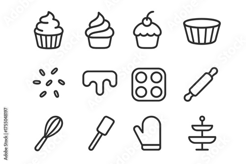 Bakery Icon Set. Bakery treats. Line icon set of Bakery treats: cupcake, frosting swirl, sprinkles, cherry on top, muffin liner, chocolate drizzle, cupcake