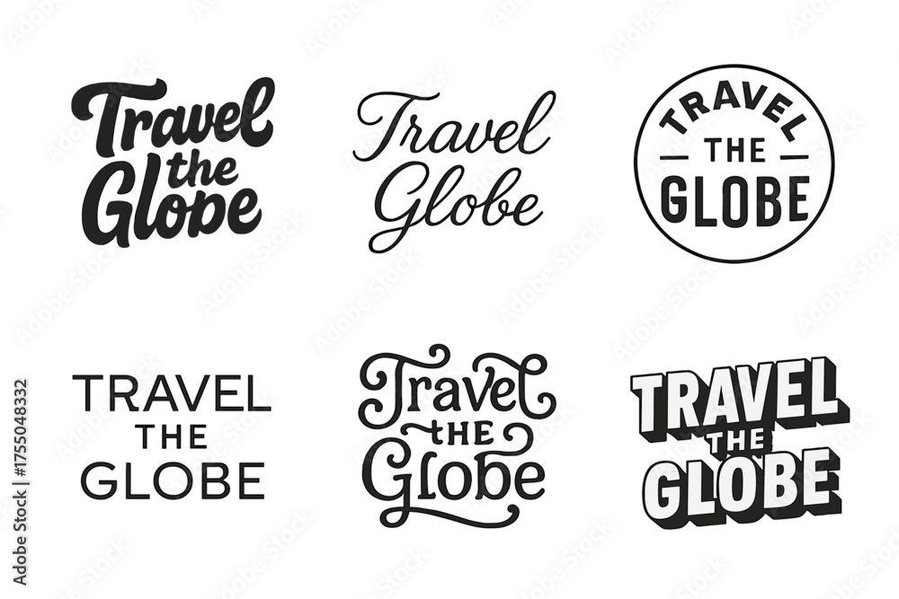 Obraz premium Creative Lettering Grid. Travel the globe. Set lettering. harmonious lettering variations of the same emblematic concept (Bold hand-lettering with playful
