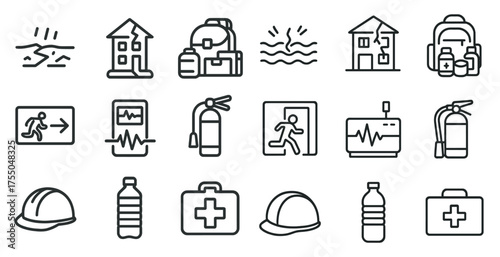 Emergency and safety outline icons set – linear, line, hazard and protection symbols