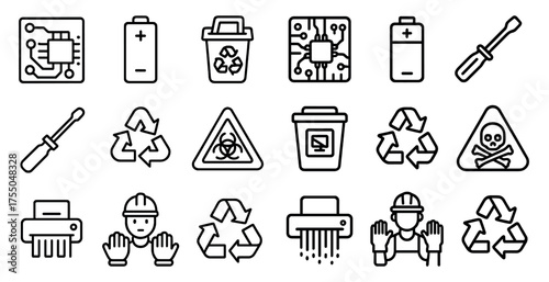 Technology and recycling outline icons set – linear, electronic waste symbols