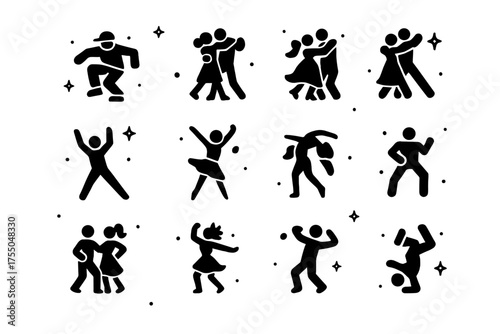 Dance Styles Icon Grid. Dance Styles. Solid icons set of Dance Styles: hip hop, salsa, tango, waltz, jazz, ballet, contemporary, reggaeton, cha-cha, samba,