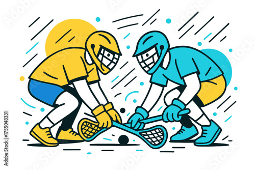 Lacrosse Geometric Showdown. Face-Off Challenge. Two lacrosse players crouched for abstract geometric face-off, floating motion lines, playful competitive