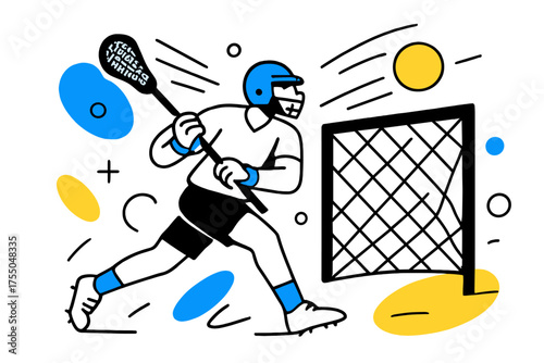 Dynamic Lacrosse Shot. Goal Scoring Moment. Lacrosse player shooting at abstract geometric goal, floating ball and motion lines, dynamic and competitive