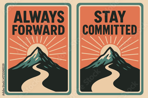 Retro Motivational Banners. Mindset. Two vertical A6 banners with safe margins, centered composition, no elements touching edges, retro style, coral and teal,