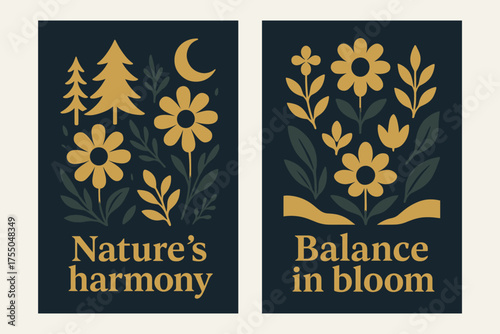 Nature's Harmony Banners. Nature?s harmony. Two vertical A6 banners with safe margins, centered composition, no elements touching edges, bold, navy and gold,