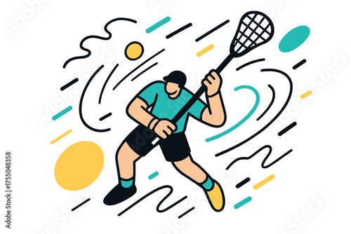 Abstract Lacrosse Pass. Overhead Shot. Player performing abstract geometric lacrosse overhead pass, floating action lines and motion shapes, energetic scene.