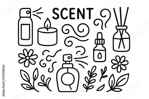 Aromatic Doodle Icons. Scent. Hand-drawn doodle illustration Scent air freshener candle perfume spray bottle essential oil flowers leaves aroma swirl smoke